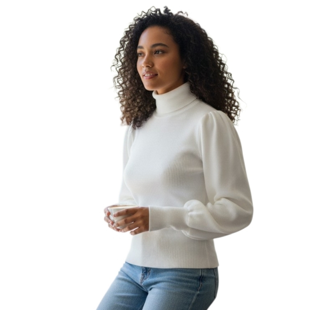 Love Tree White Puff-Sleeve Turtleneck Sweater Sz.M GUC